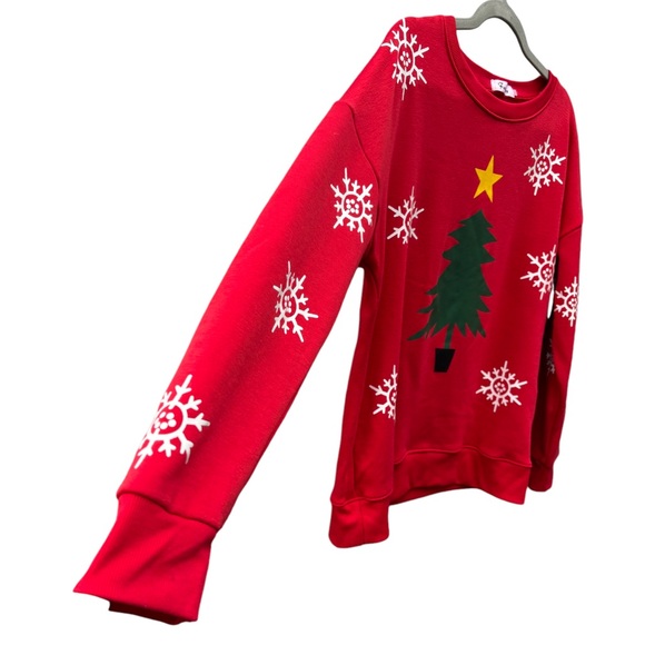 Christmas Tree & Snowflake Fleece Lined Red Crew Neck Sweatshirt - Picture 5 of 8